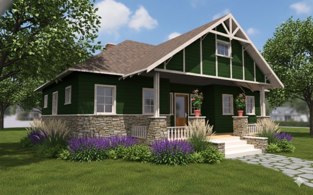Front view of an Elsmore‑model Craftsman house painted green with white trim, featuring a gabled roof, stone foundation, a small covered porch with white columns, and landscaped beds of purple flowers and ornamental grasses.