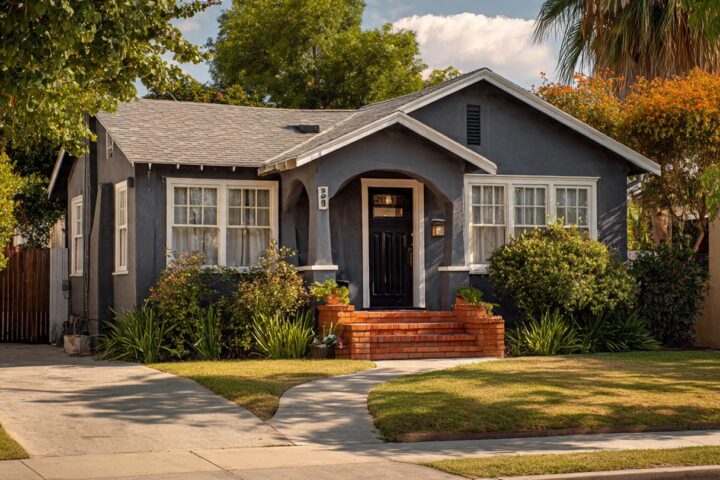 Front view of a single‑story Gemini‑model home with dark gray siding, white trim, a gabled roof, and a small brick‑step porch leading to a black front door. The yard features green grass, shrubs, and young landscaping, with mature trees surrounding the property on a sunny day.